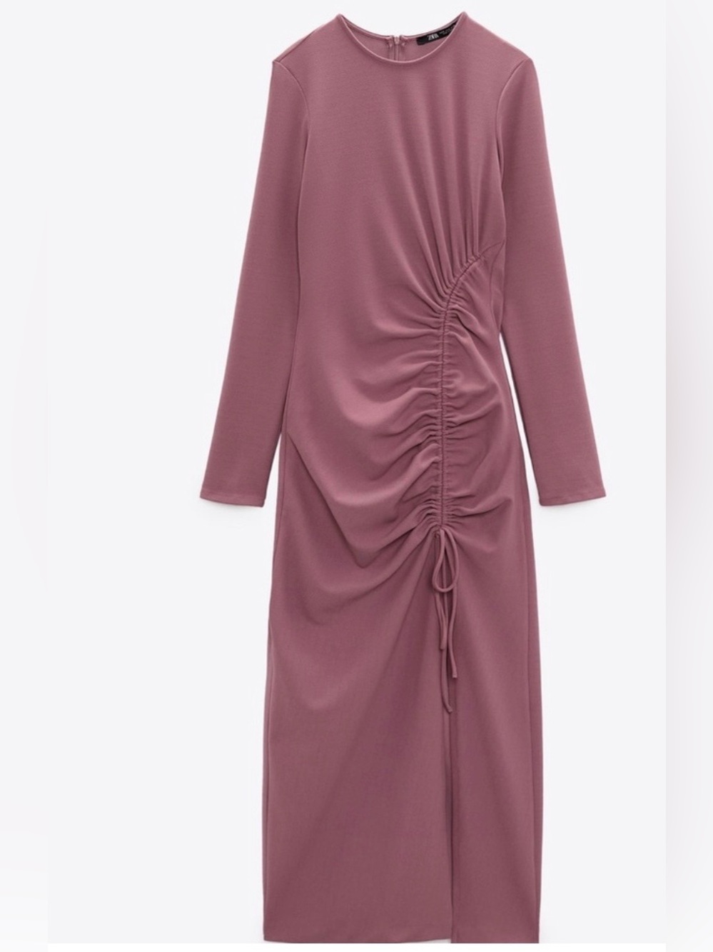 Zara Maxi Mauve Long-Sleeve Ruched Dress Leg Slit S